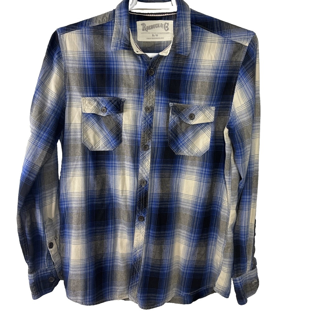 Roebuck‎ and Co Flannel Shirt Men Large Button Down Western Pockets Cotton Blue